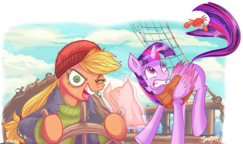 2016 applejack_(mlp) arthropod blonde_hair clothed clothing crab crustacean day duo equine feathered_wings feathers female feral friendship_is_magic fur green_eyes hair hat hooves horn jowybean life_jacket mammal marine my_little_pony open_mouth outside purple_eyes purple_feathers purple_fur purple_hair sky teeth tongue twilight_sparkle_(mlp) winged_unicorn wings