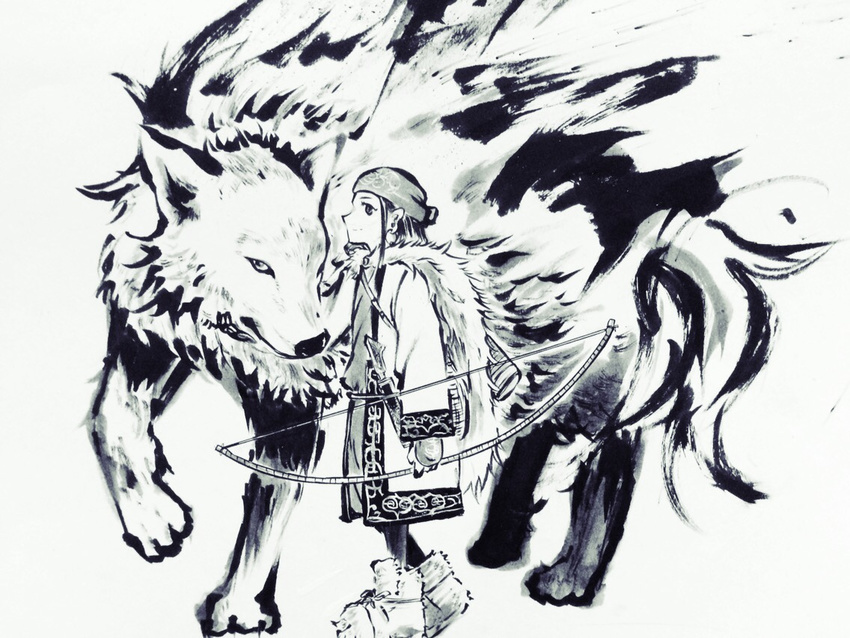 asirpa bow_(weapon) canine duo golden_kamuy human mammal monochrome ranged_weapon retar simple_background wa weapon white_background wolf