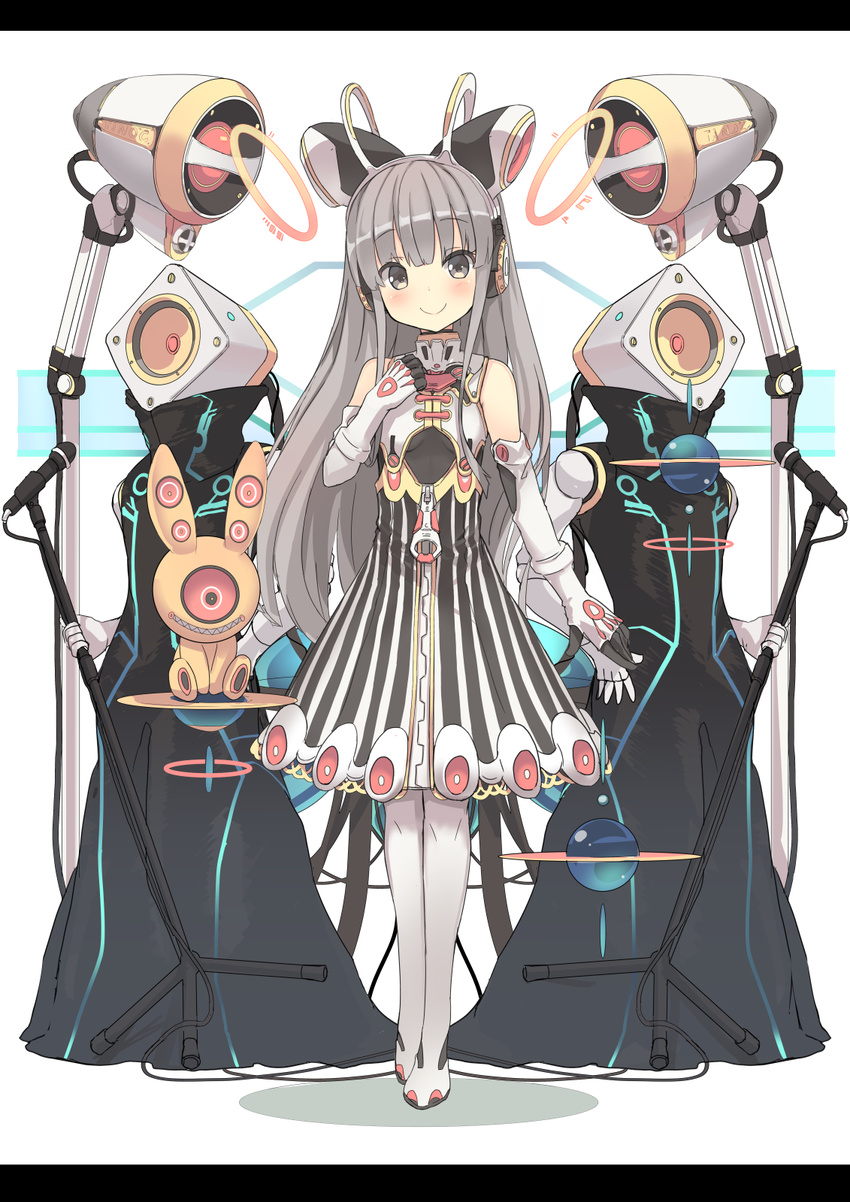 album_cover cover elbow_gloves gloves headgear highres isegawa_yasutaka letterboxed long_hair looking_at_viewer original robot silver_eyes silver_hair solo standing zipper zipper_pull_tab