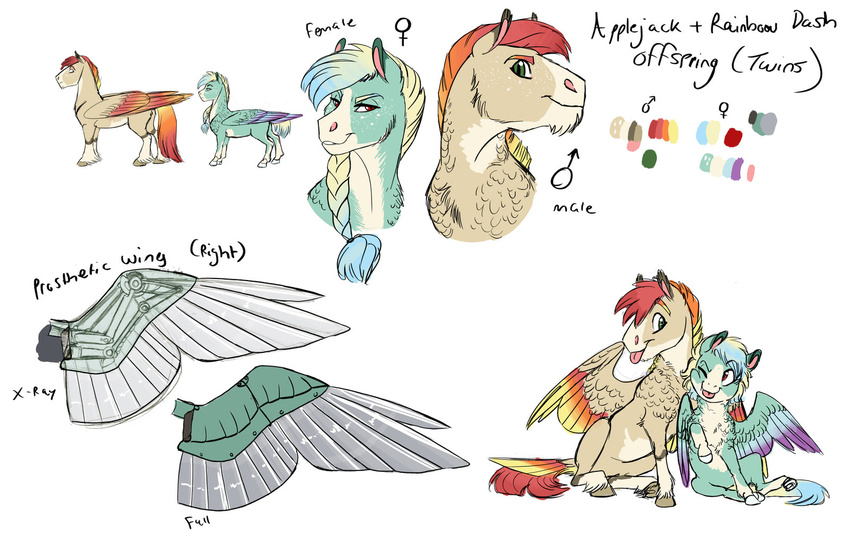 blonde_hair blue_feathers blue_hair duo earthsong9405 equine fan_character feathered_wings feathers female feral gradient_hair green_eyes hair male mammal mechanical_wing model_sheet my_little_pony orange_hair pegasus red_eyes red_hair simple_background sitting tan_feathers white_background white_hair wings