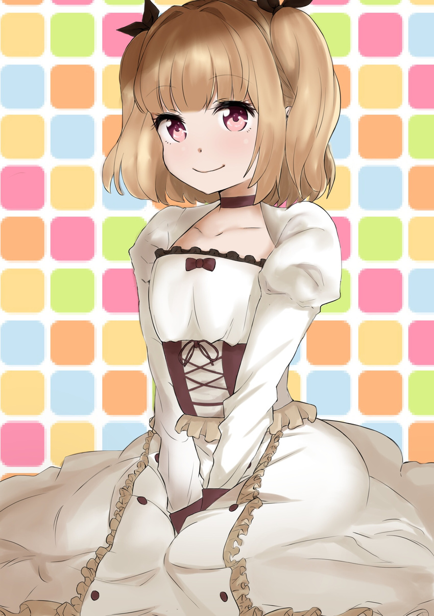 bad_id bad_pixiv_id between_legs blonde_hair bow buttons choker closed_mouth commentary_request corset dress eyebrows eyebrows_visible_through_hair frilled_dress frills hair_bow hand_between_legs highres iijima_yun long_sleeves looking_at_viewer new_game! open_eyes puffy_sleeves red_eyes sitting smile solo sweatdrop tanuki_(siutkm0228) two_side_up