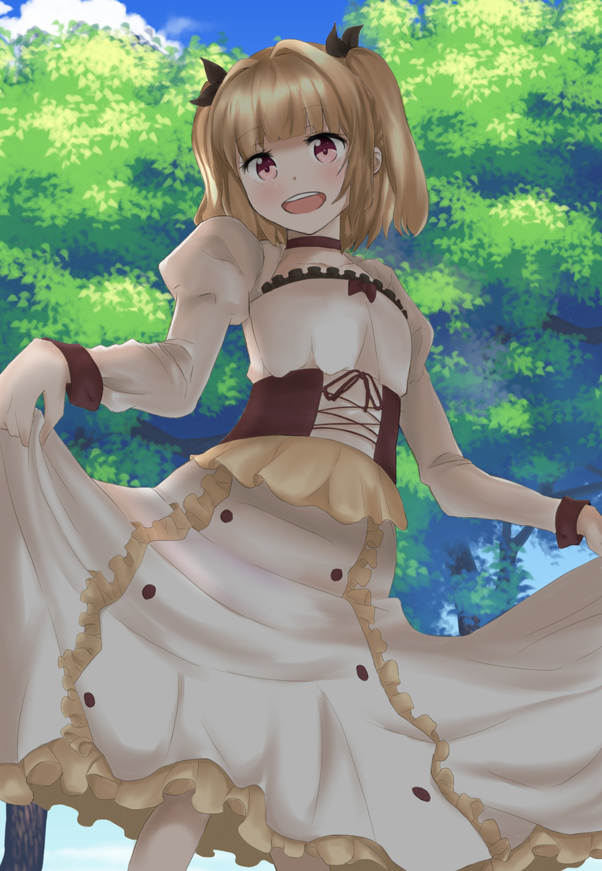 :d bad_id bad_pixiv_id blonde_hair bow buttons choker corset dress eyebrows eyebrows_visible_through_hair frilled_dress frills hair_bow highres iijima_yun long_sleeves looking_at_viewer new_game! open_eyes open_mouth puffy_sleeves red_eyes skirt_hold smile solo tanuki_(siutkm0228) teeth two_side_up