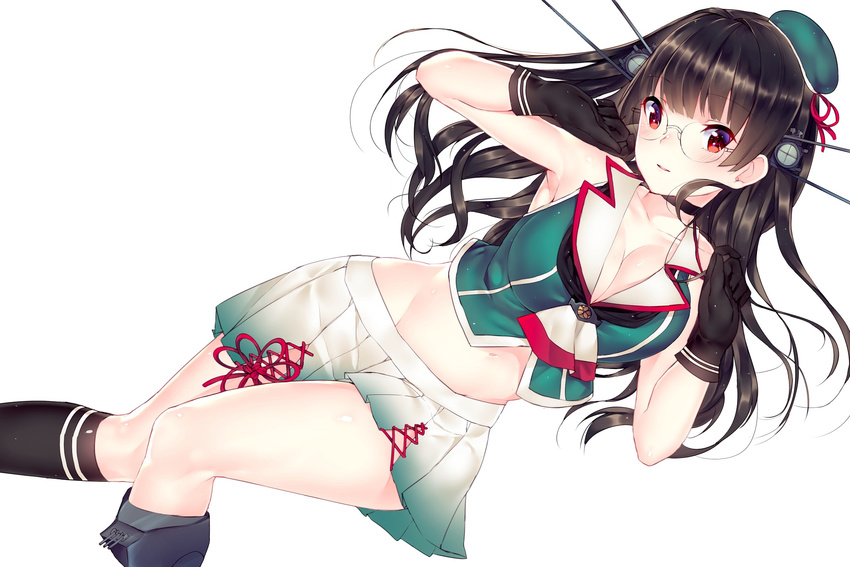 armpits beret black_gloves black_hair black_legwear breasts choukai_(kantai_collection) cleavage collarbone commentary glasses gloves groin hat headgear highres jun_project kantai_collection large_breasts long_hair looking_at_viewer miniskirt parted_lips pleated_skirt red_eyes remodel_(kantai_collection) simple_background skirt solo white_background