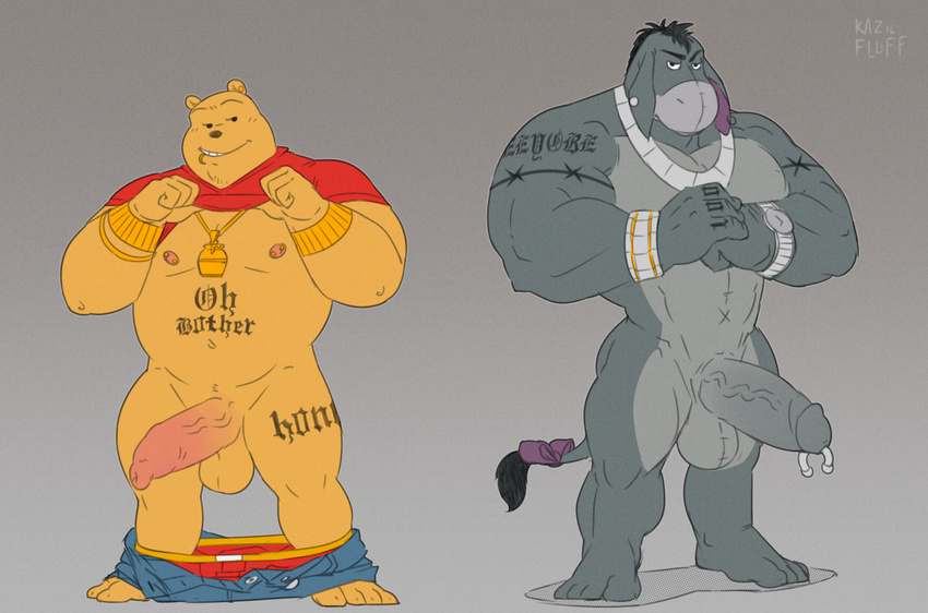 anthro balls bear clothed clothing clothing_lift disney donkey ear_piercing eeyore equine erection facial_piercing genital_piercing kazushi lip_piercing male mammal muscular nipple_piercing nipples pants_down partially_clothed penis penis_piercing piercing pooh_bear shirt shirt_lift tattoo winnie_the_pooh_(franchise)