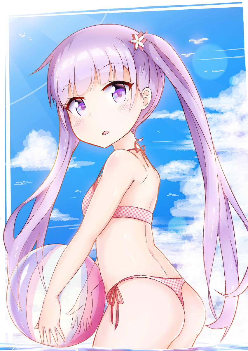 ass ball bare_shoulders beachball bikini checkered day hair_ornament highres holding long_hair looking_at_viewer looking_back new_game! open_eyes open_mouth purple_eyes purple_hair solo suzukaze_aoba swimsuit sylphine thong_bikini twintails