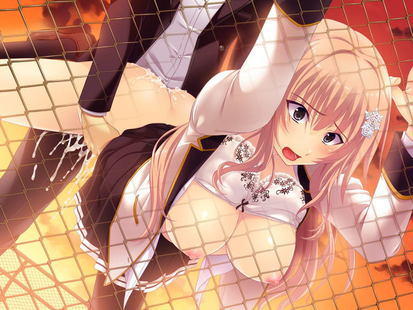 1boy 1girl against_fence areolae ass black_eyes blonde_hair breasts character_request clothed_sex cum cum_in_pussy cum_on_lower_body doggystyle fence functionally_nude game_cg guilty hair_ornament held_up hetero long_hair nipples open_mouth rape sex shoes snowflake socks standing toriko_no_senritsu torso_grab vaginal wide-eyed