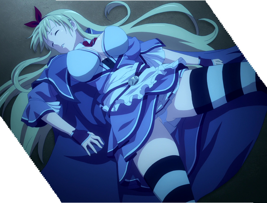 1girl alicia_(queen's_blade) blonde_hair breasts dress eyes_closed highres large_breasts lying night panties queen's_blade screencap solo stitched