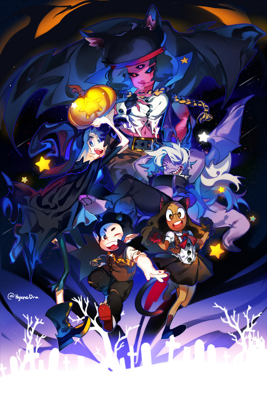 1boy 4girls afro amethyst_(steven_universe) animal_ears artist_name black_sclera cape cat_ears cat_tail connie_maheswaran dark_skin demon_girl garnet_(steven_universe) halloween halloween_costume hat headband heterochromia highres horns hyunodra lavender_hair looking_at_viewer multiple_girls pale_skin pearl_(steven_universe) pointy_ears purple_skin skirt smile steven_quartz_universe steven_universe tail third_eye vampire witch witch_hat