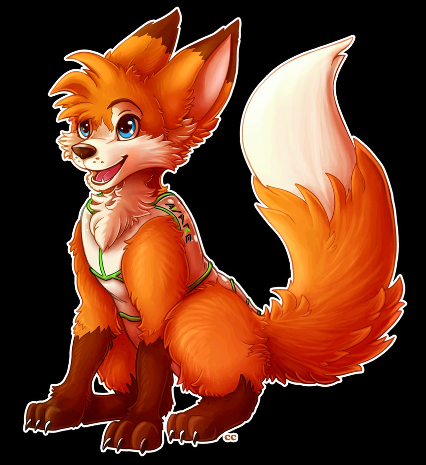 ambiguous_gender black_background blue_eyes canine chibity clothed_feral feral fluffy fox fur hi_res mammal open_mouth orange_fur simple_background sitting solo