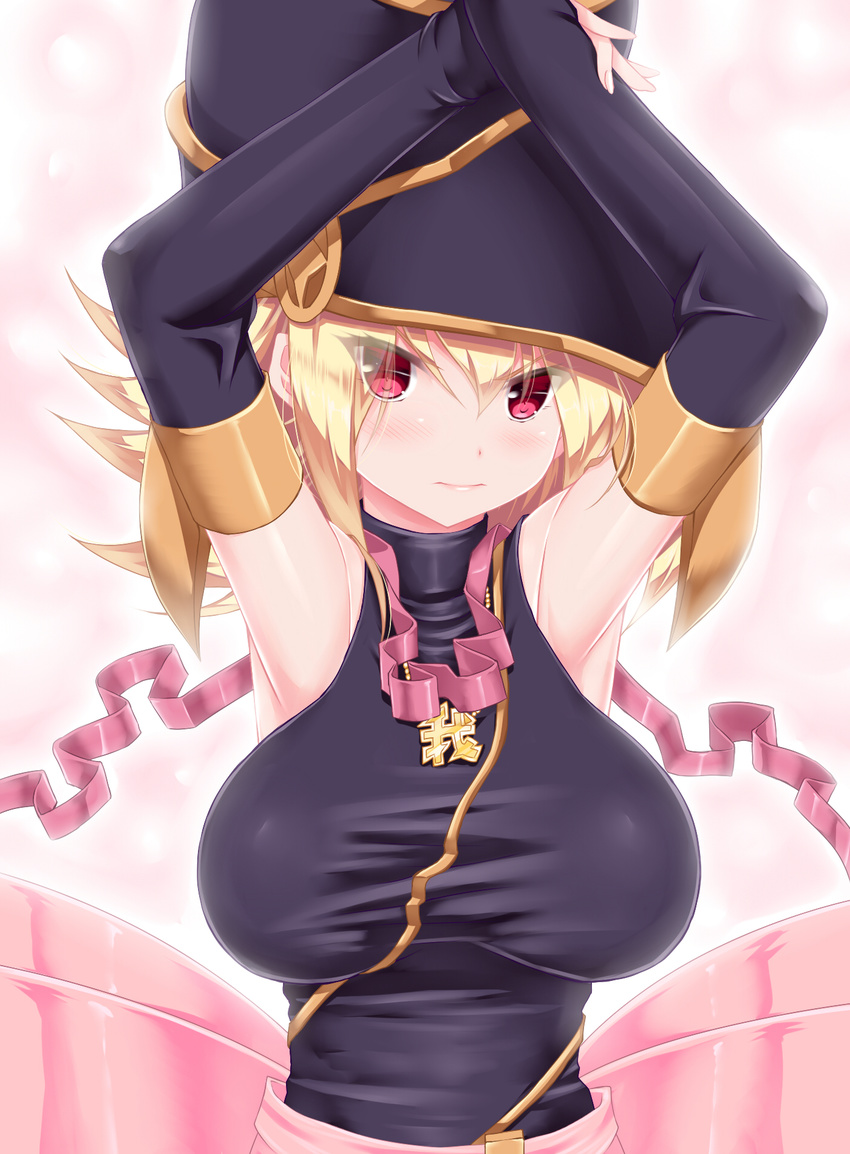 angry arm_guards bangs between_breasts black_dress blonde_hair blush breasts chains detached_sleeves dress duel_monster eyelashes flipped_hair gagaga_girl glowing hair_between_eyes hand_on_headwear hand_up hat highres karucho kneehighs large_breasts looking_at_viewer pink_background pink_ribbon red_eyes ribbon sleeveless sleeveless_dress solo turtleneck wizard_hat yu-gi-oh! yuu-gi-ou_zexal