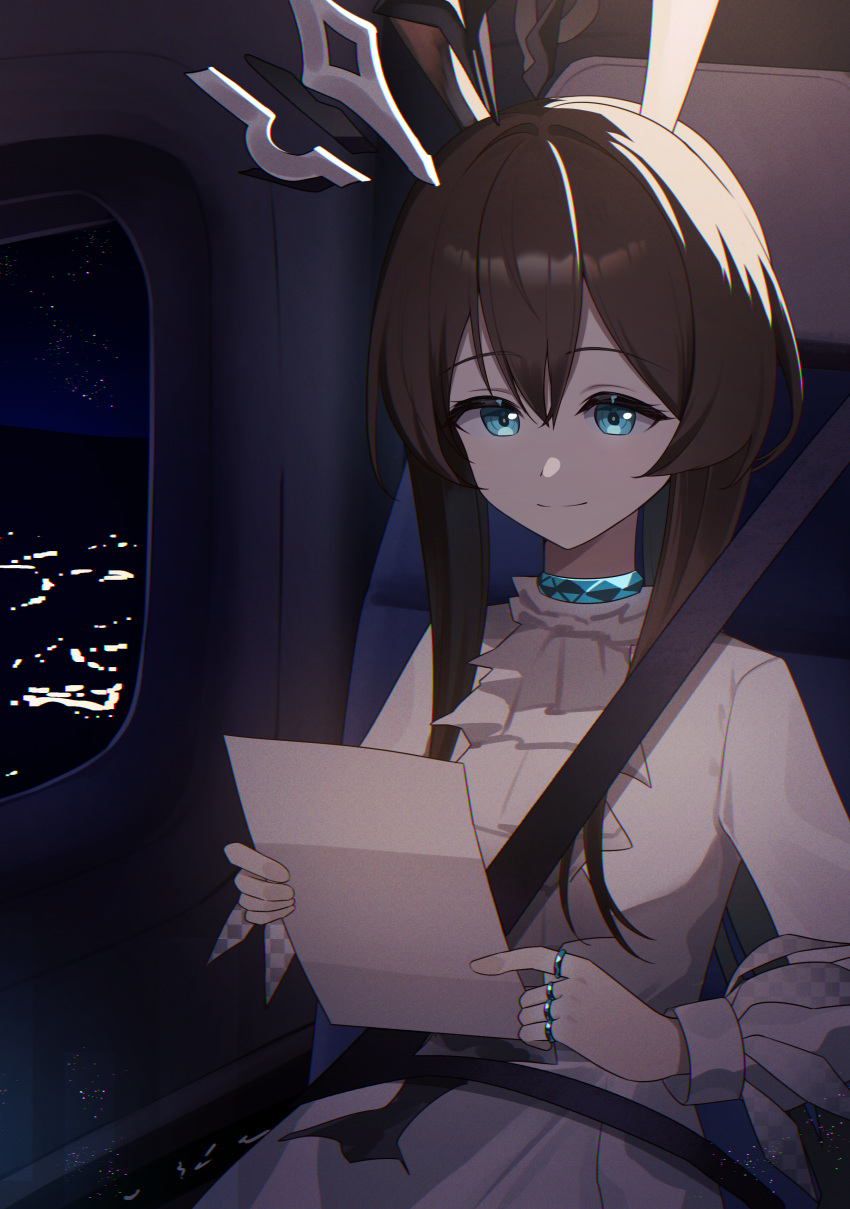 1girl absurdres amiya_(arknights) animal_ears arknights ascot blue_eyes brown_hair closed_mouth commentary commission hair_between_eyes highres holding holding_letter jewelry letter long_hair long_sleeves multiple_rings nishimiya_aki pixiv_commission reading ring seatbelt shirt sitting smile solo white_ascot white_shirt