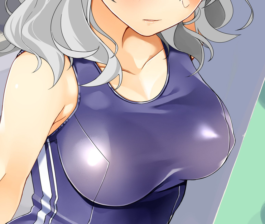 breasts byte_(allbyte) collarbone competition_swimsuit covered_nipples head_out_of_frame highres kantai_collection kashima_(kantai_collection) large_breasts lips one-piece_swimsuit silver_hair solo swimsuit upper_body