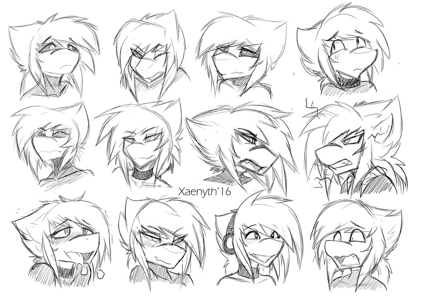 angry anthro blush collar female fish looking_at_viewer marine monochrome multiple_images open_mouth shark sharp_teeth sketch smile solo teeth tongue tongue_out xaenyth