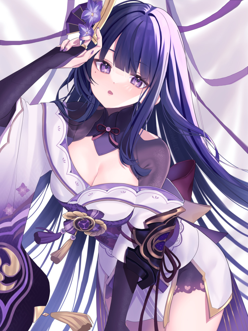 1girl alternate_hairstyle arm_up armor asymmetrical_sleeves blunt_bangs bridal_gauntlets clothing_cutout commentary_request fan_hair_ornament flower flower_ornament genshin_impact hair_down hair_ornament head_tilt highres japanese_armor japanese_clothes kimono leaning_to_the_side light_blush long_hair looking_at_viewer mitsudomoe_(shape) mkichi mole mole_under_eye neck_ribbon off_shoulder open_mouth panties purple_background purple_eyes purple_flower purple_hair purple_kimono purple_nails purple_panties purple_ribbon raiden_shogun red_ribbon red_sash ribbon sash shade shoulder_armor shoulder_cutout solo thick_thighs thighs tomoe_(symbol) underwear uneven_sleeves upper_body wide_sleeves