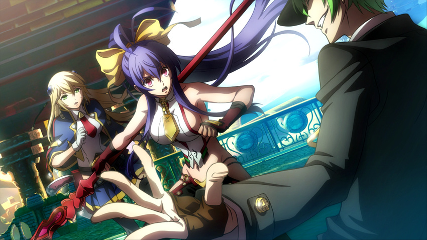 1boy 2girls arc_system_works blazblue blazblue:_central_fiction blonde_hair blue_hair bow breasts dutch_angle fingerless_gloves game_cg genderswap genderswap_(mtf) gloves green_eyes green_hair hair_bow halter_top halterneck hat hazama highres jacket large_breasts long_hair mai_natsume midriff multiple_girls noel_vermillion open_mouth pants polearm ponytail red_eyes sideboob skirt very_long_hair weapon