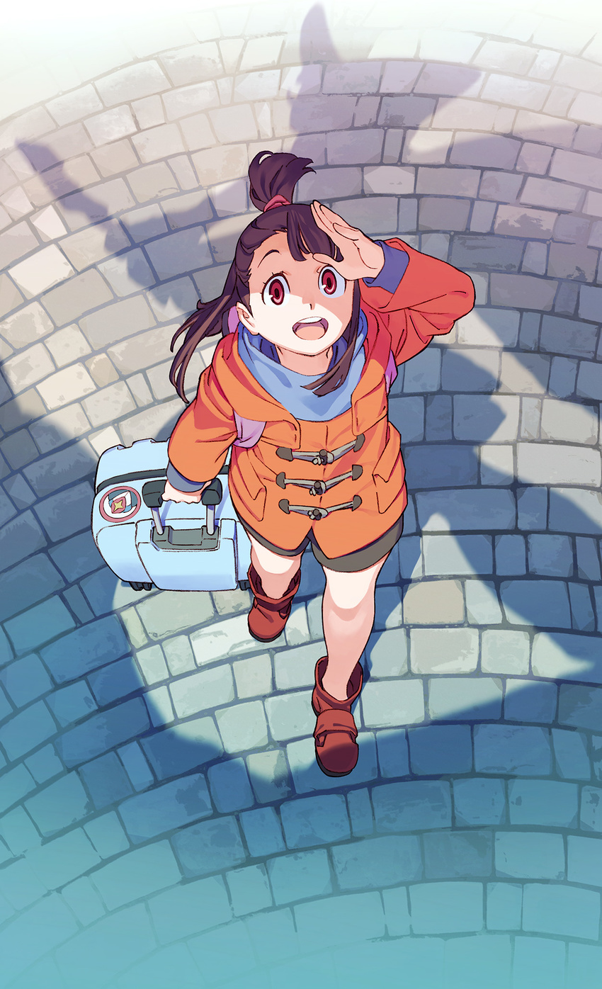 arm_up asymmetrical_bangs bangs boots broom broom_riding brown_hair from_above hat highres jacket kagari_atsuko little_witch_academia long_hair long_sleeves luggage official_art open_mouth robe rolling_suitcase round_teeth sett shadow solo standing teeth witch_hat