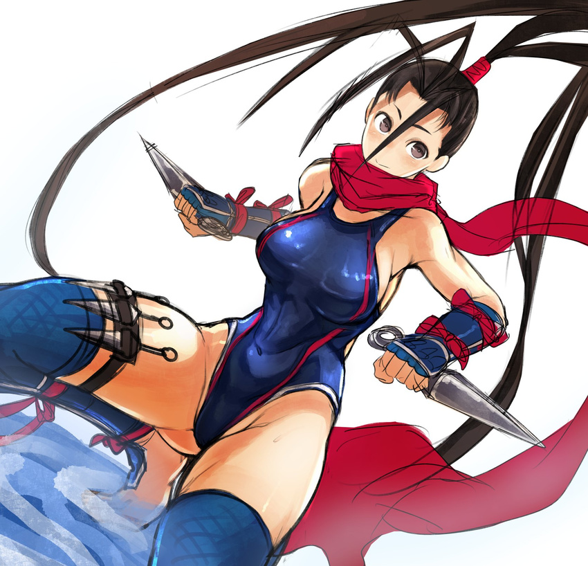 black_hair brown_eyes competition_swimsuit dutch_angle gauntlets highres ibuki_(street_fighter) kunai long_hair ninja nishiide_kengorou one-piece_swimsuit ponytail scarf solo squatting street_fighter street_fighter_iii_(series) street_fighter_iv_(series) swimsuit thighhighs weapon