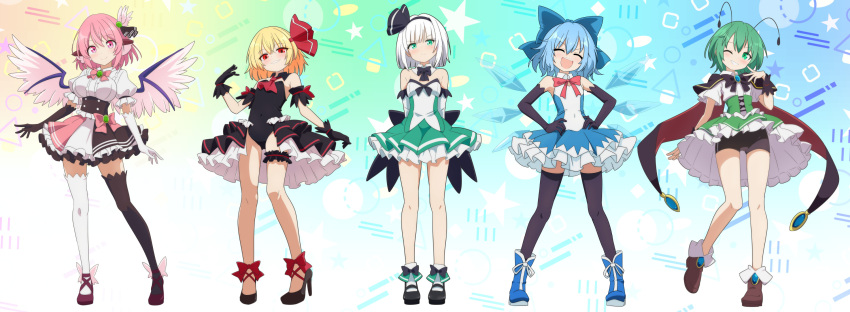 5girls alternate_costume animal_ears antennae arms_behind_back ascot asymmetrical_gloves asymmetrical_legwear back_bow bike_shorts bird_ears black_bow black_bowtie black_capelet black_gloves black_hairband black_leotard black_shoes black_shorts black_thighhighs blonde_hair blue_boots blue_bow blue_dress blue_hair blush boots bow bowtie breasts brooch brown_boots brown_gloves brown_skirt brown_thighhighs capelet cato_(monocatienus) cirno closed_eyes closed_mouth collared_shirt commentary_request corset covered_navel detached_collar detached_sleeves detached_wings dress elbow_gloves facing_viewer frilled_shirt_collar frilled_skirt frilled_thigh_strap frills full_body gloves gradient_background green_corset green_eyes green_hair green_skirt grey_hair grin hair_bow hair_ornament hair_ribbon hairband hands_on_own_hips high_heels highres ice ice_wings jewelry konpaku_youmu leotard looking_at_viewer magical_girl mary_janes medium_hair mismatched_gloves mismatched_legwear multicolored_shirt multicolored_skirt multiple_girls mystia_lorelei one_eye_closed open_mouth pink_bow pink_bowtie pink_eyes pink_hair pink_skirt puff_of_air puffy_short_sleeves puffy_sleeves red_ascot red_bow red_bowtie red_eyes red_ribbon red_shoes ribbon rumia shirt shoes short_sleeves shorts skirt small_breasts smile socks star_(symbol) strapless strapless_leotard strapless_shirt thigh_strap thighhighs touhou two-tone_dress two-tone_skirt underbust white_dress white_gloves white_shirt white_skirt white_socks white_thighhighs wing_hair_ornament wings wriggle_nightbug wrist_cuffs