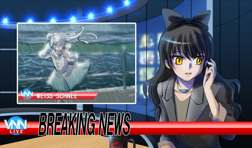 black_hair blake_belladonna blue_eyes bow coffee_mug cup english hair_bow hand_on_own_head iesupa jewelry long_hair microphone mug multiple_girls necklace news ponytail railing raincoat rwby storm studio weathergirl weiss_schnee white_hair wind yellow_eyes