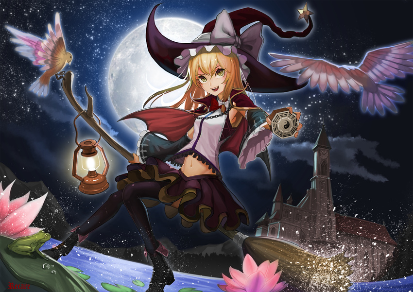 armpits artist_name bird black_footwear black_hat black_legwear blonde_hair boots bow bowtie broom broom_riding cape cloud cloudy_sky commentary detached_sleeves fang flower frog full_body hair_bow hair_ribbon hat hat_bow highres kirisame_marisa lake lantern lily_pad looking_at_viewer midriff mini-hakkero misty_lake navel night night_sky open_mouth pink_flower purple_skirt recare red_bow red_cape red_neckwear ribbon scarlet_devil_mansion shirt skirt sky smile solo splashing star_(sky) starry_sky thighhighs touhou tress_ribbon water white_bow white_ribbon white_shirt witch witch_hat yellow_eyes