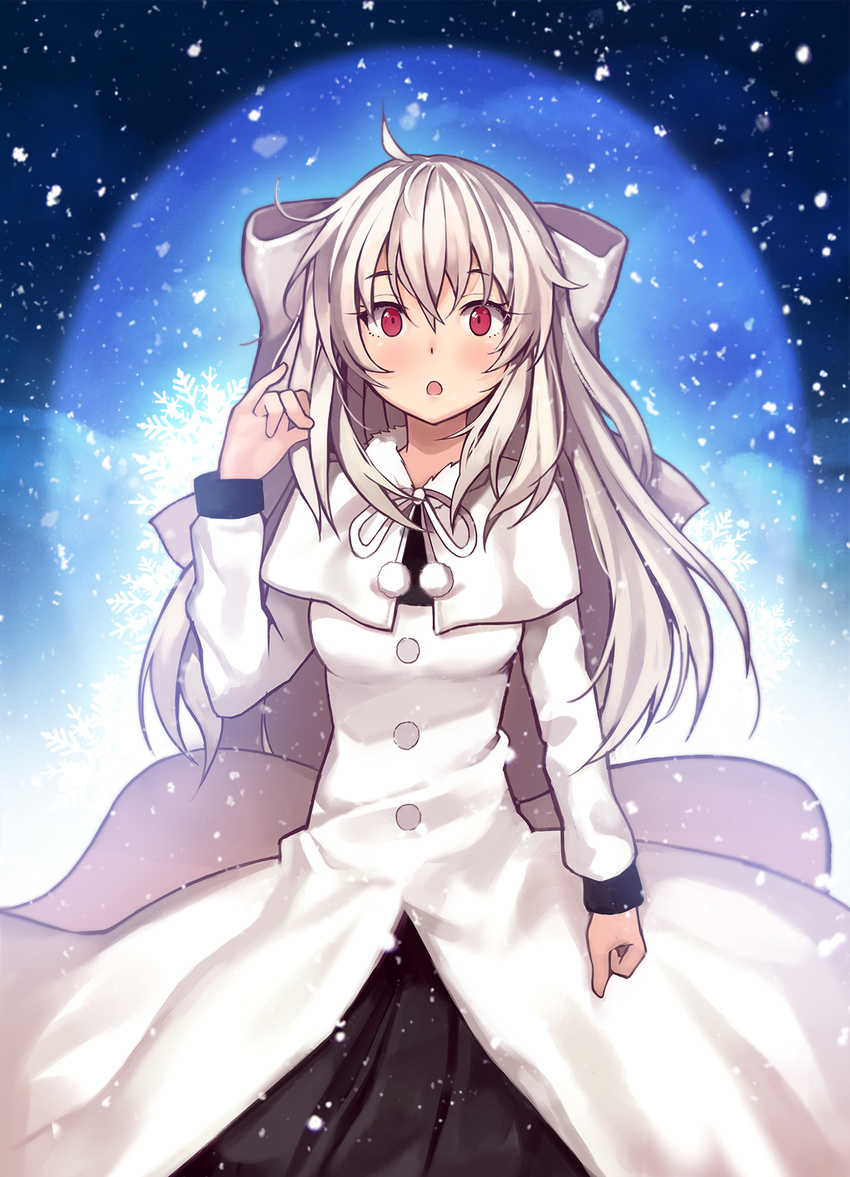 :o bad_id bad_pixiv_id blush bow coat eto_(nistavilo2) hair_bow hair_ribbon highres long_hair long_sleeves looking_at_viewer melty_blood night night_sky pleated_skirt red_eyes ribbon skirt sky snow snowflakes solo tsukihime white_bow white_hair white_len white_ribbon winter winter_clothes winter_coat