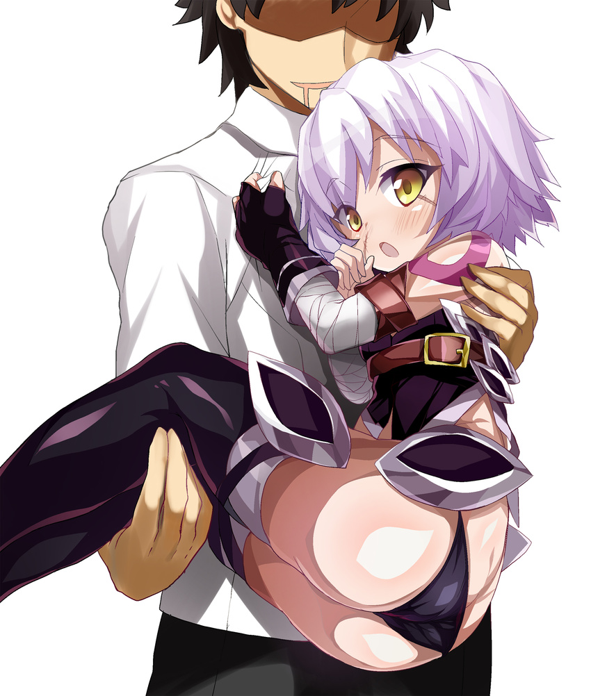 1girl ass bandages bare_shoulders belt black_hair black_legwear black_panties black_pants blush carrying drooling faceless faceless_male fate/apocrypha fate/grand_order fate_(series) fujimaru_ritsuka_(male) gloves highres jack_the_ripper_(fate/apocrypha) looking_at_viewer open_mouth panties pants princess_carry scar shimejinameko shiny shiny_clothes shiny_skin shirt shirt_tug short_hair silver_hair standing tattoo thighhighs underwear white_shirt yellow_eyes younger