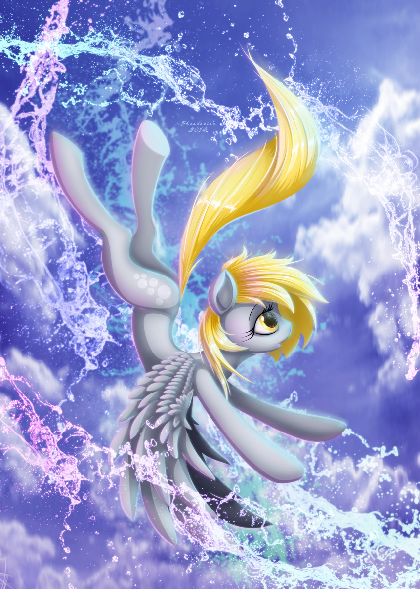 2014 blonde_hair cutie_mark day derpy_hooves_(mlp) equine eyelashes feathered_wings feathers female feral flying friendship_is_magic fur grey_feathers grey_fur hair mammal my_little_pony outside pegasus shaadorian sky solo spread_wings water wings yellow_eyes