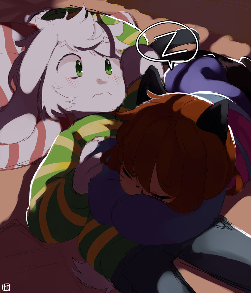 2016 ambiguous_gender anthro asriel_dreemurr awkward black_nose blush boss_monster brown_hair caprine cat_tail clothed clothing cute digital_media_(artwork) duo eyes_closed funkitty fur goat green_eyes hair hi_res human humanoid long_ears lying male mammal on_back on_front pants pillow protagonist_(undertale) short_hair shota sleeping striped_topwear sweater teeth undertale video_games whiskers white_fur white_hair young