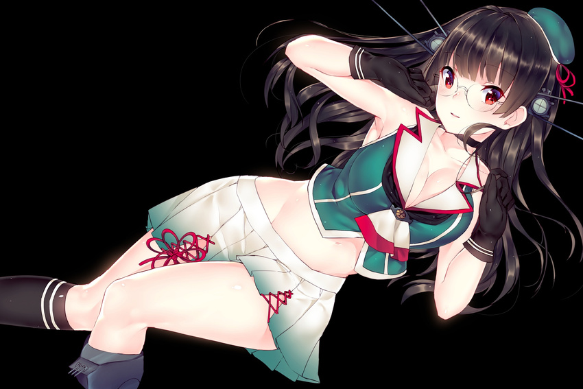 armpits beret black_background black_gloves black_hair black_legwear breasts choukai_(kantai_collection) cleavage collarbone commentary glasses gloves groin hat headgear highres jun_project kantai_collection large_breasts long_hair looking_at_viewer miniskirt parted_lips pleated_skirt red_eyes remodel_(kantai_collection) simple_background skirt solo