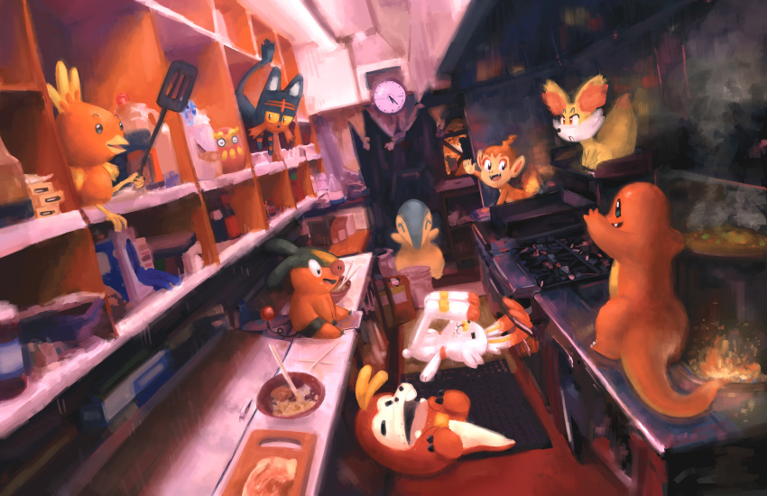 absurdres bowl charmander chimchar cooking cupboard cyndaquil darumaka english_commentary fennekin food fuecoco highres indoors lock lying noodles on_back pokemon pokemon_(creature) pokemon_focus ramen scorbunny spatula steam stove torchic vinoburrito