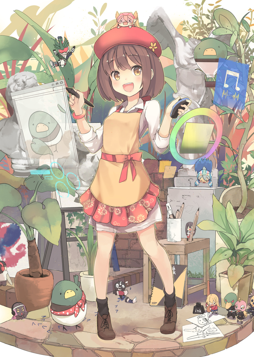 apron brown_eyes brown_hair chibi drawing easel floral_print full_body hat highres holographic_interface ink inkwell isegawa_yasutaka looking_at_viewer minigirl mouse_(computer) multiple_boys multiple_girls open_mouth original pencil plant potted_plant red_hat smile solo_focus standing stylus