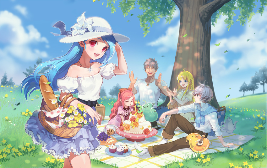 3girls :d ahoge anais_del_caril artstation_sample baguette bare_shoulders basket benya_(tales_weaver) bird blonde_hair blowing blue_eyes blue_hair blue_sky bow bread brown_pants candle character_request closed_eyes cloud cookie cupcake day flower food fruit grapes grass grey_hair hair_bow hat hat_flower hat_ribbon highres image_sample instrument jewelry joshua_von_arnim lute_(instrument) multiple_boys multiple_girls necklace open_mouth outdoors pants picnic pink_eyes pink_hair red_bow ribbon sang_ah_yoon shirt silver_hair sitting sky smile t-shirt tales_weaver teapot tichiel_juspian tree