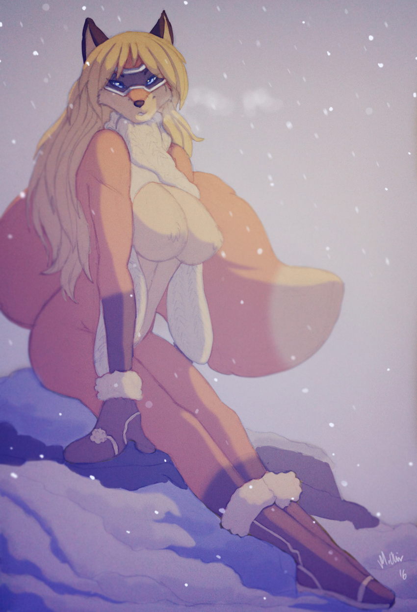 anthro april big_breasts breasts canine female fox hi_res looking_at_viewer mammal mittens mostly_nude naturally_censored nipple_tuft outside sitting smile snow solo starfighter tuft woadedfox