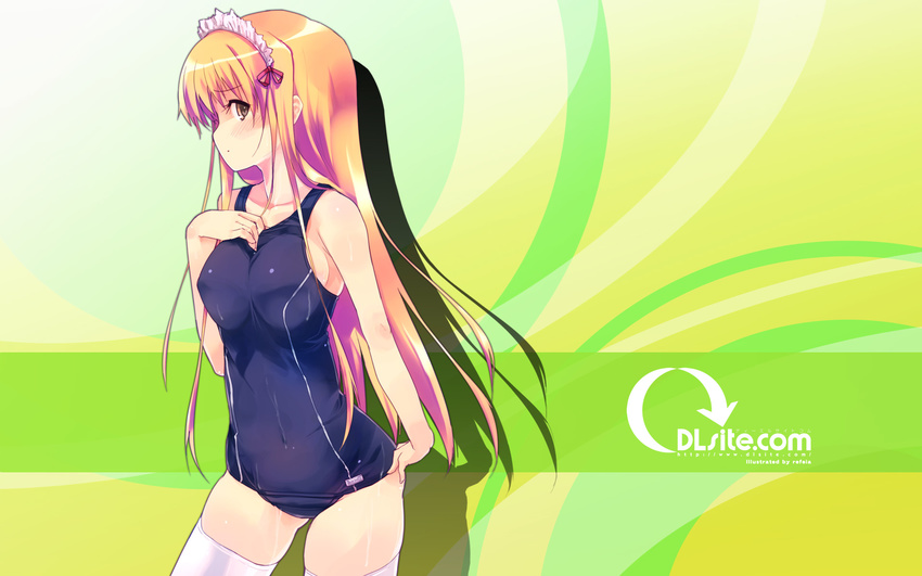 blue_swimsuit dille_blood dlsite.com green_background highres one-piece_swimsuit refeia school_swimsuit single_vertical_stripe swimsuit thighhighs wallpaper white_legwear