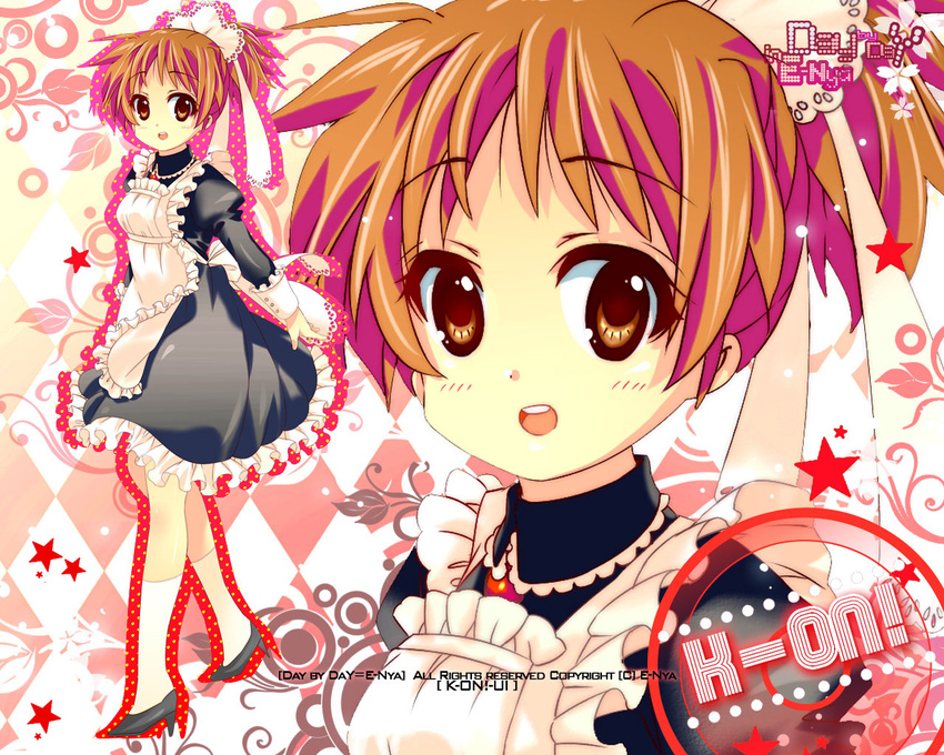 alternate_costume argyle argyle_background bad_id bad_pixiv_id brown_eyes brown_hair e-nya enmaided frills hirasawa_ui k-on! maid ponytail short_hair solo zoom_layer