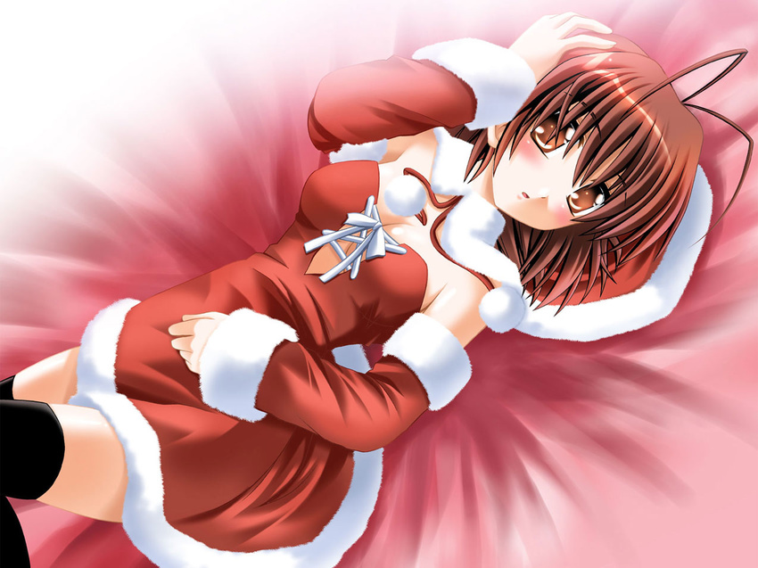 antenna_hair bangs bed_sheet black_legwear blush breasts brown_hair christmas clannad cleavage cross-laced_clothes detached_sleeves dress furukawa_nagisa hand_on_head hat looking_at_viewer medium_breasts otoki_raku parted_lips red_dress santa_costume solo strapless strapless_dress thighhighs