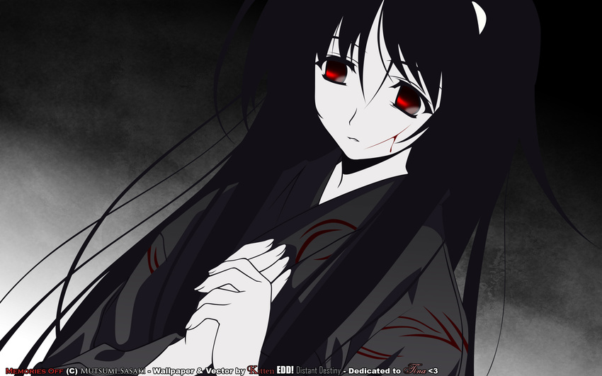 artist_name bangs blood closed_mouth copyright_name cuts dark gradient gradient_background hair_between_eyes hair_ornament hairclip hand_on_own_chest hands_together highres injury japanese_clothes kimono long_hair looking_away looking_down memories_off misasagi_inori monochrome official_art parted_bangs print_kimono red_eyes sasaki_mutsumi sidelocks solo spot_color straight_hair vector_trace very_long_hair wallpaper watermark widescreen