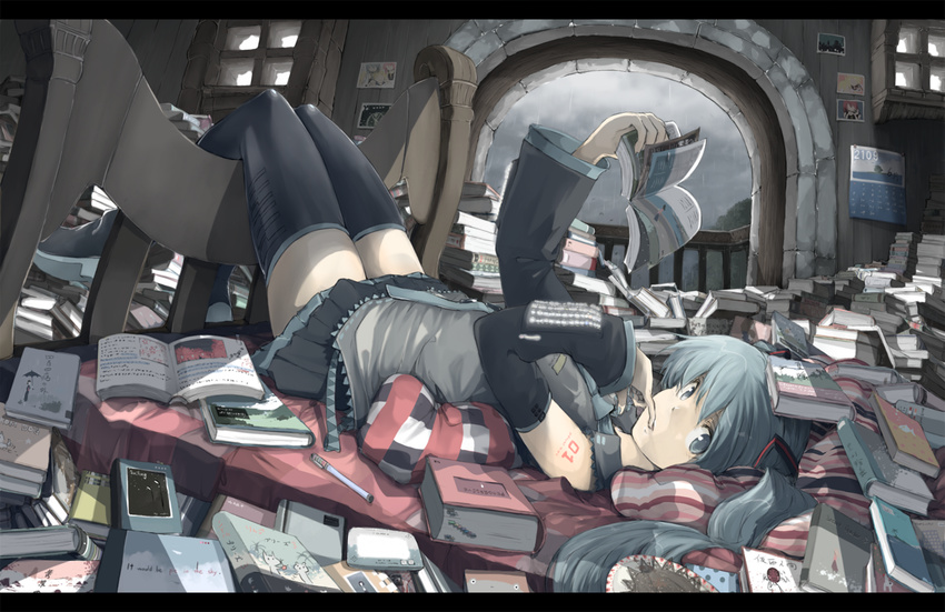 aqua_eyes aqua_hair bad_id bad_pixiv_id blue_eyes blue_hair book book_focus calendar_(object) detached_sleeves finger_in_mouth hatsune_miku letterboxed long_hair looking_at_viewer lying necktie on_back pen pile_of_books rain skirt solo thighhighs too_many too_many_books twintails vocaloid yukiri zettai_ryouiki