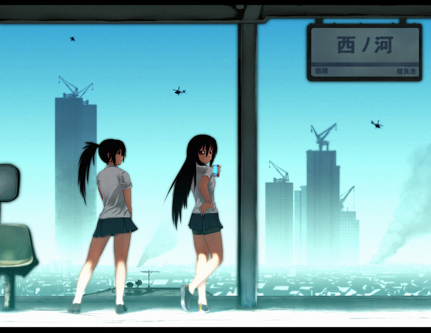 ah-64_apache aircraft amano_shinobu amano_tsubaki bike_shorts black_hair building commentary from_behind hand_on_hip helicopter highres landscape legs letterboxed long_hair looking_back miniskirt multiple_girls onibi_(foxhound4185) original ponytail scenery school_uniform siblings sisters skirt smoke translated