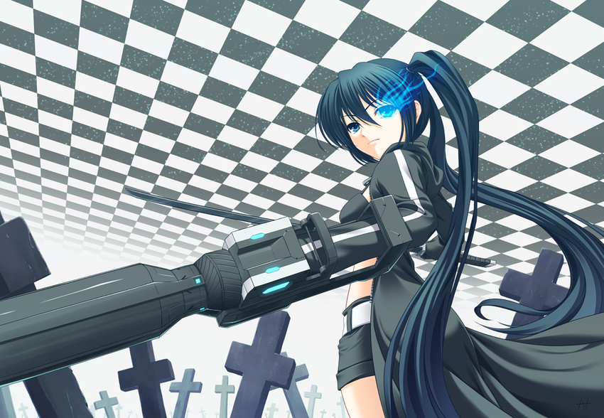 arm_cannon athrun1120 bad_id bad_pixiv_id bikini_top black_hair black_rock_shooter black_rock_shooter_(character) blue_eyes burning_eye checkered cross gun huge_weapon long_hair shorts solo sword twintails very_long_hair weapon