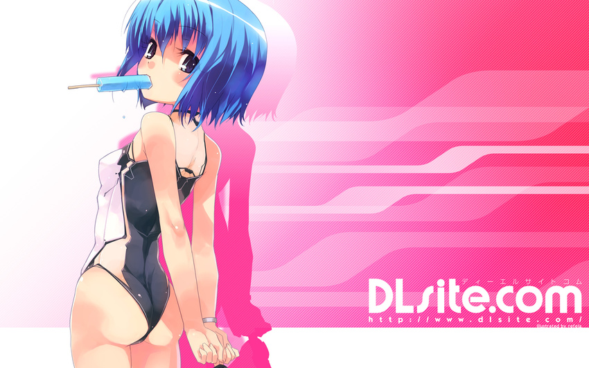 arms_behind_back ass blue_eyes blue_hair dlsite.com elle_sweet food highres mouth_hold pink_background popsicle refeia short_hair wallpaper
