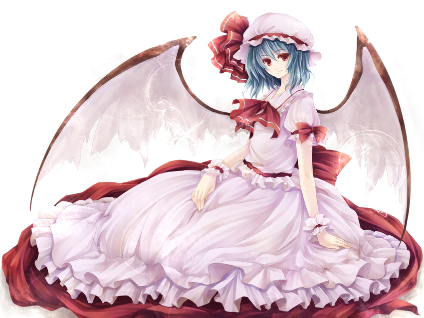 bad_id bad_pixiv_id bat_wings blue_hair colored_eyelashes eyelashes hagiwara_rin hat large_wings looking_at_viewer red_eyes remilia_scarlet short_hair simple_background sitting smile solo touhou wings wrist_cuffs