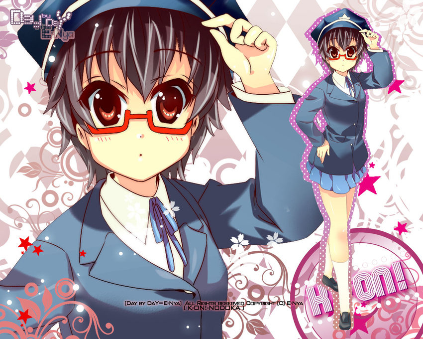 bad_id bad_pixiv_id black_hair brown_eyes e-nya glasses hat k-on! manabe_nodoka police_hat red-framed_eyewear school_uniform semi-rimless_eyewear short_hair solo under-rim_eyewear zoom_layer