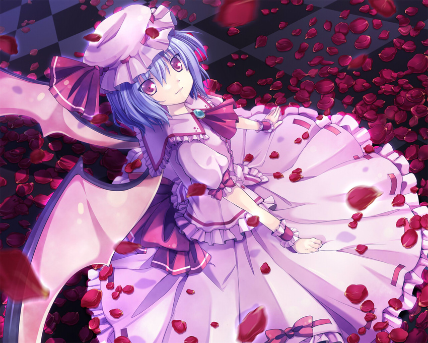 6u_(eternal_land) bad_id bad_pixiv_id blue_hair dress hat petals red_eyes remilia_scarlet rose_petals short_hair solo touhou wings wrist_cuffs