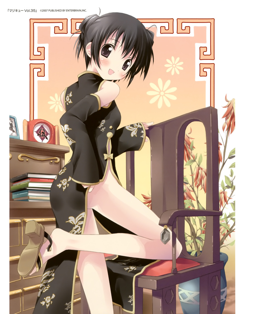 absurdres bare_shoulders black_hair blush chair china_dress chinese_clothes detached_sleeves double_bun dress highres kantoku looking_back original smile solo