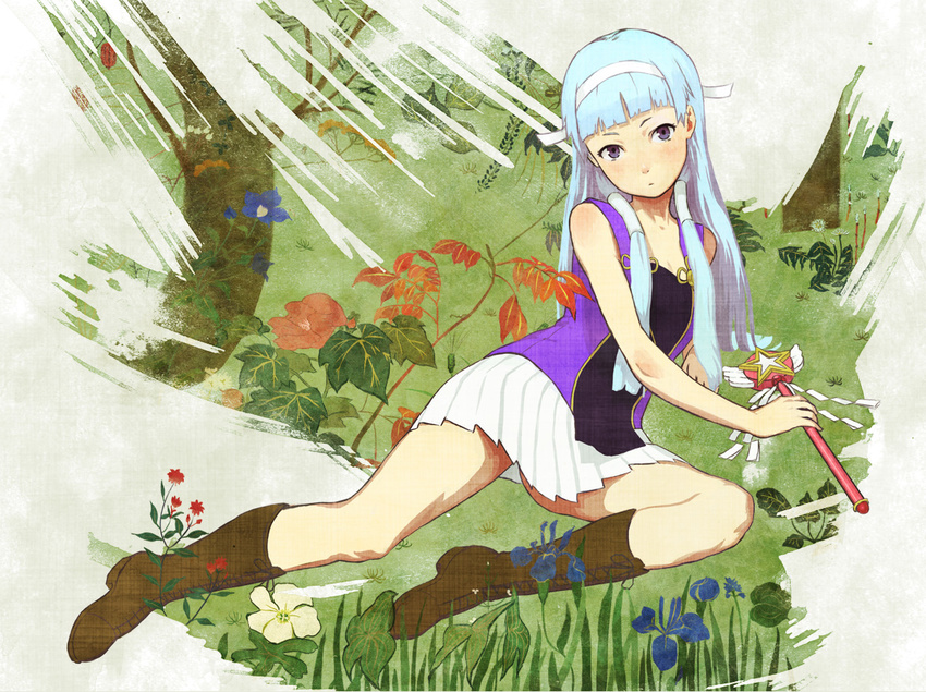 arata_yokoyama bangs blue_hair blunt_bangs boots cross-laced_footwear flower full_body hair_tubes hairband head_tilt kannagi lace-up_boots long_hair looking_at_viewer lying nagi on_side outdoors pleated_skirt purple_eyes skirt solo wand white_skirt