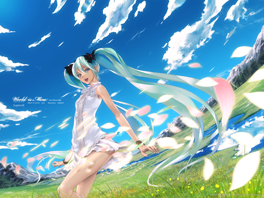 blue_eyes cloud day green_hair hatsune_miku highres long_hair nature outdoors petals redjuice sky solo supercell twintails vocaloid wallpaper world_is_mine_(vocaloid)