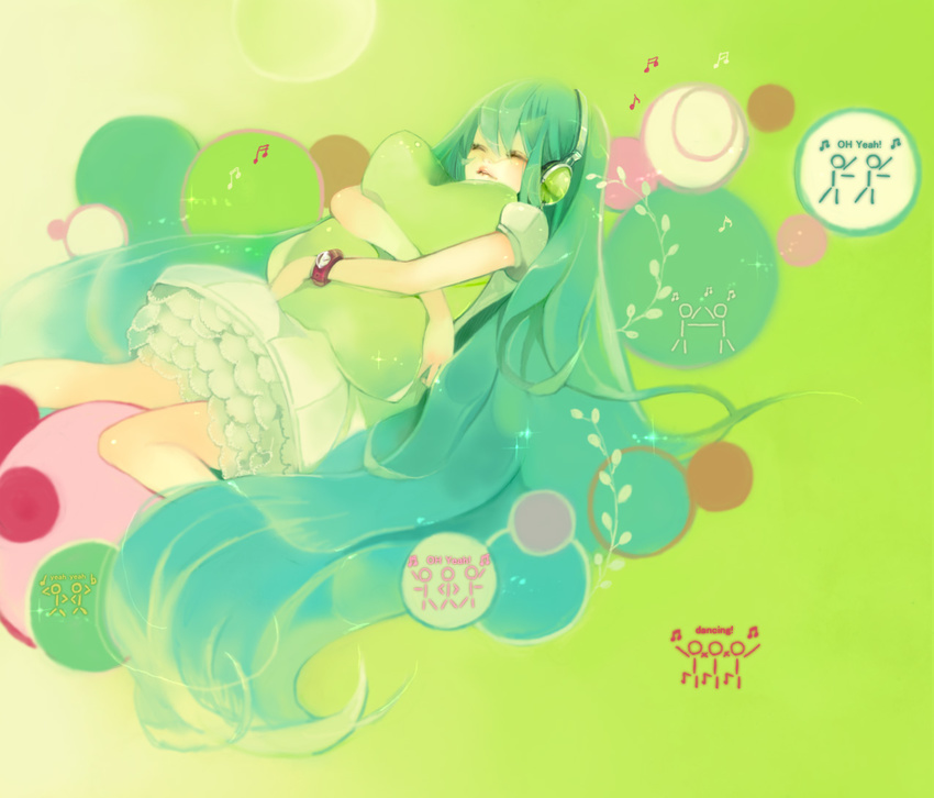 alternate_hairstyle aqua_hair bangs big_hair bracelet casual circle closed_mouth dress green_background hair_down hatsune_miku headphones jewelry listening_to_music long_hair lying mokaffe musical_note on_back pillow short_dress short_sleeves sleeping solo stick_figure very_long_hair vocaloid white_dress