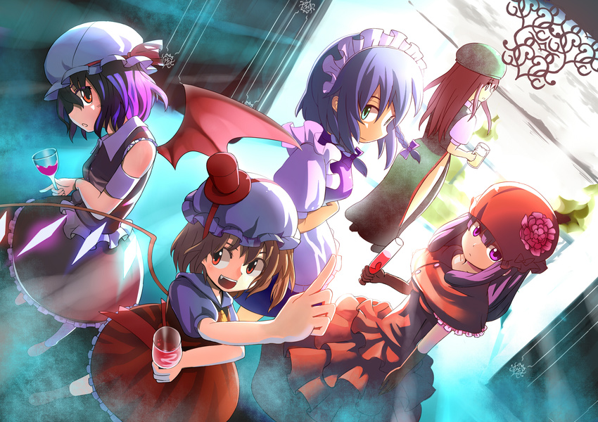 alcohol alternate_costume bad_id bad_pixiv_id bat_wings blonde_hair braid flandre_scarlet green_eyes hat highres hong_meiling izayoi_sakuya long_hair multiple_girls organ_derwald patchouli_knowledge purple_eyes purple_hair red_eyes red_hair remilia_scarlet short_hair silver_hair touhou twin_braids wine wings