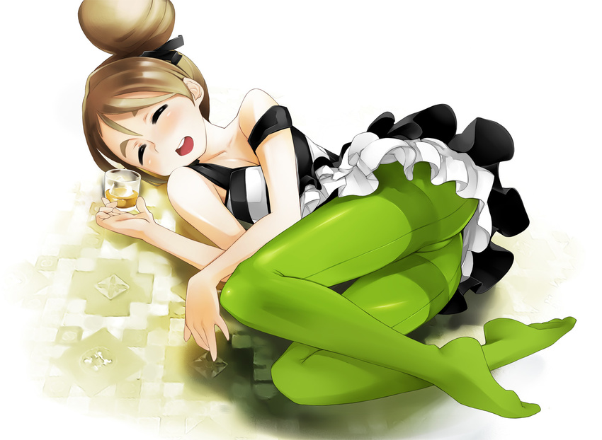 ass bad_id bad_pixiv_id blonde_hair closed_eyes don't_say_"lazy" dress drunk glass green_legwear hair_bun k-on! kotobuki_tsumugi pantyhose smile solo strap_slip thighband_pantyhose topo_(bacchustab) upskirt